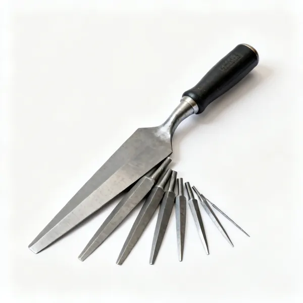 A set of flat tapered steel wedges of different sizes
