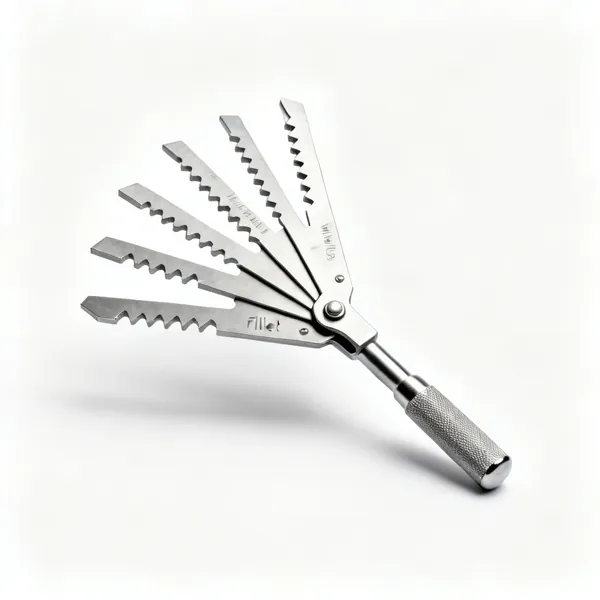 Weld gauge set: A set of stainless steel weld gauges with notched profiles and a fillet gauge