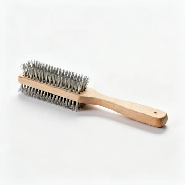 A hand wire brush with rows of stiff steel bristles and a wooden handle