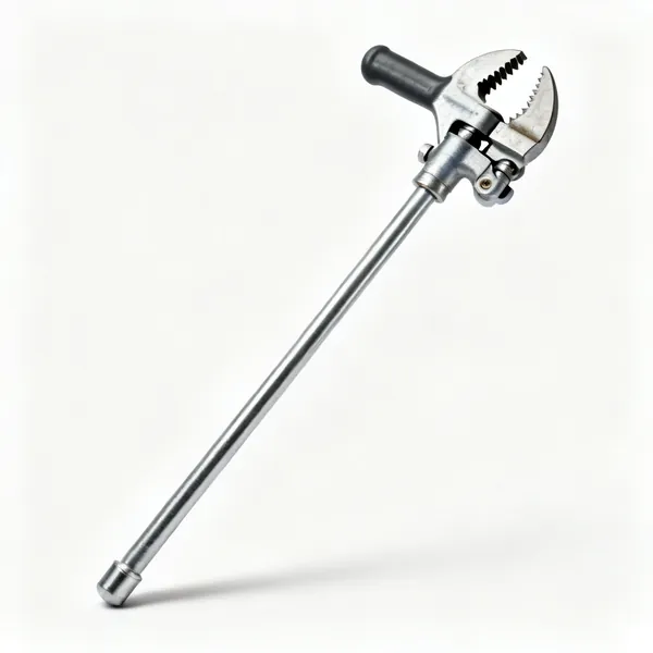 A basin wrench with a long steel shaft, T handle and swivelling toothed jaw