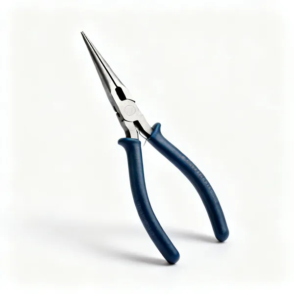 A pair of long nose pliers with slim tapering jaws and insulated handles