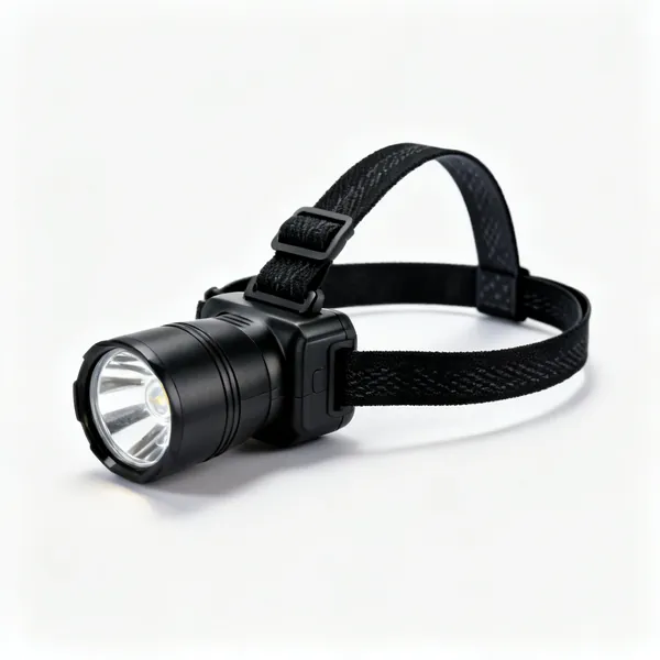 A black LED head torch with an adjustable elastic headband