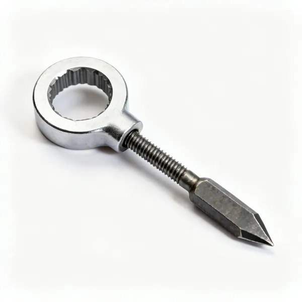 A nut splitter tool with a steel ring collar and a hardened chisel driven by a screw
