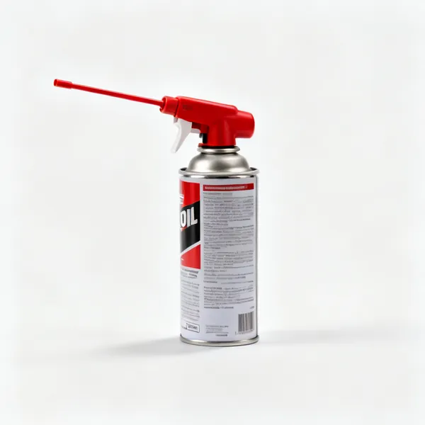 A spray can of penetrating oil with a red extension nozzle
