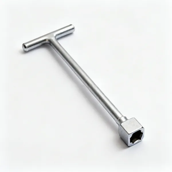A long steel stopcock key with a T handle and a square socket end