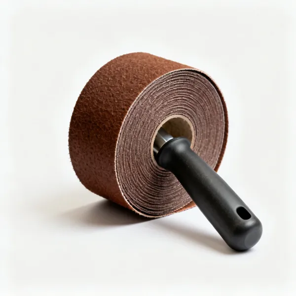 A roll of brown cloth backed abrasive strip partly unwound