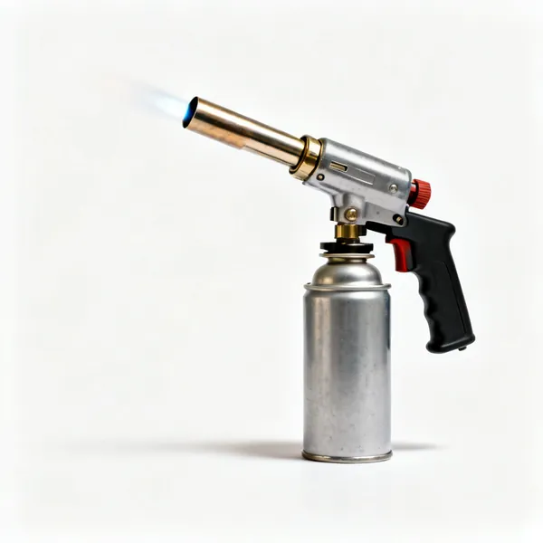 A handheld plumbers blowtorch with a gas canister and a self igniting burner head