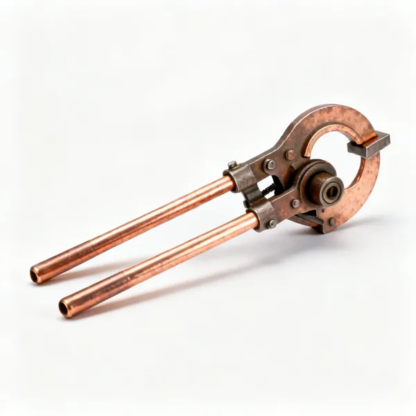 Lever pipe bender: A lever type copper pipe bender with two long handles, a curved former and guide roller