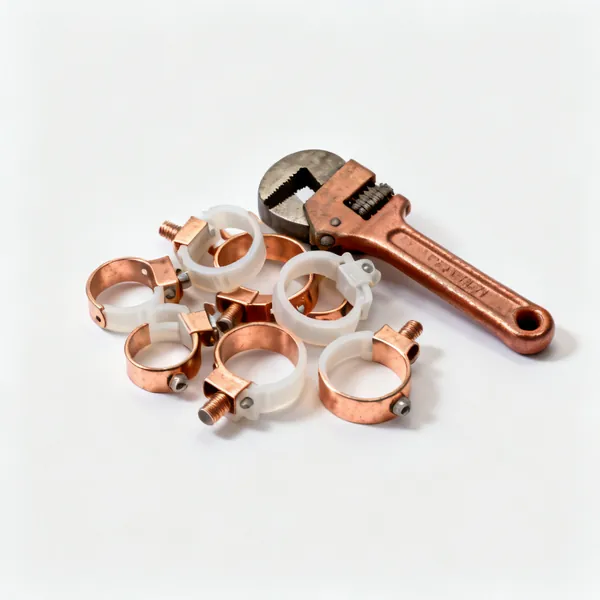 A handful of copper and plastic pipe clips of different sizes