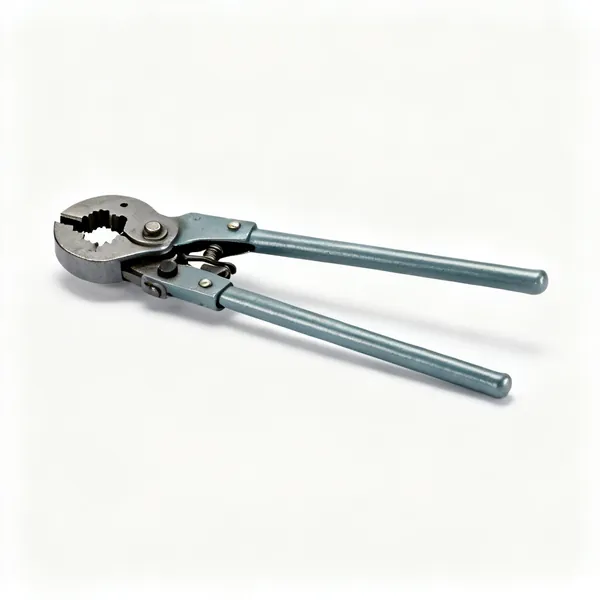 A manual hand press tool for pipe fittings with two long handles and a crimping jaw