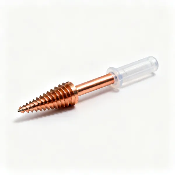 A copper pipe deburring reamer with a conical fluted blade and a plastic handle