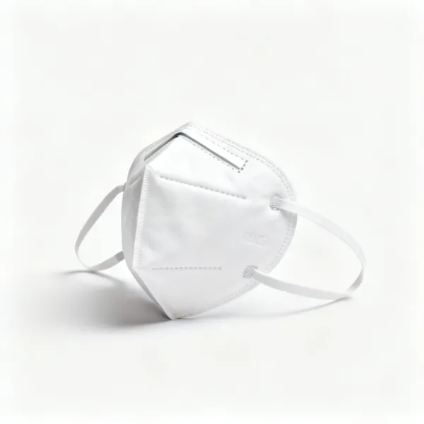 A white disposable dust mask with two elastic straps and a nose clip