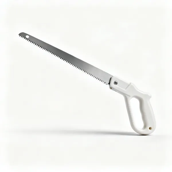 A plastic pipe saw with a stiff fine toothed blade and a moulded plastic handle
