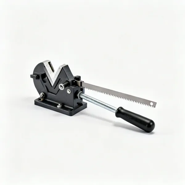 A pipe cutting jig with a clamping V block and a slotted saw guide