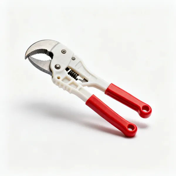 Ratchet pipe shears: A pair of ratcheting plastic pipe shears with a curved blade and red handles