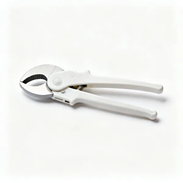 Scissor pipe cutter: A pair of scissor type plastic pipe cutters with a single curved blade and long handles