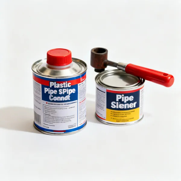 Solvent cement and cleaner: A tin of plastic pipe solvent cement and a tin of pipe cleaner side by side