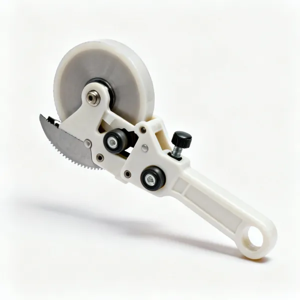 A plastic pipe wheel cutter with a wide cutting wheel, rollers and an adjusting knob