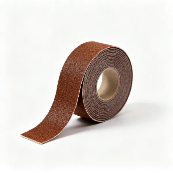 A roll of brown cloth backed abrasive strip partly unwound