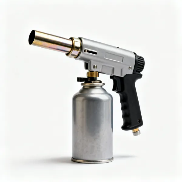 A handheld plumbers blowtorch with a gas canister and a burner head