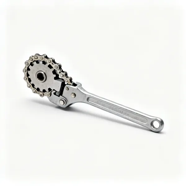 A chain pipe cutter with a chain of cutting wheels and a long ratcheting handle