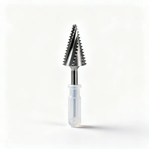 A pipe deburring reamer tool with a conical fluted blade and a plastic handle