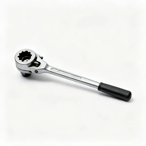 A ratcheting pipe threading die stock with a long handle and a die head fitted