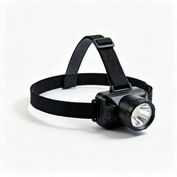 A black LED head torch with an adjustable elastic headband