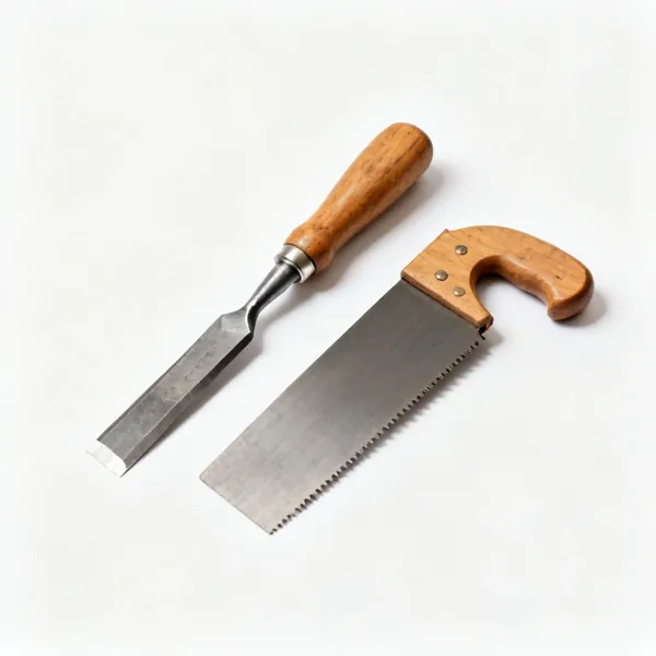 Joist notching tools: A wood chisel and a pad saw laid side by side