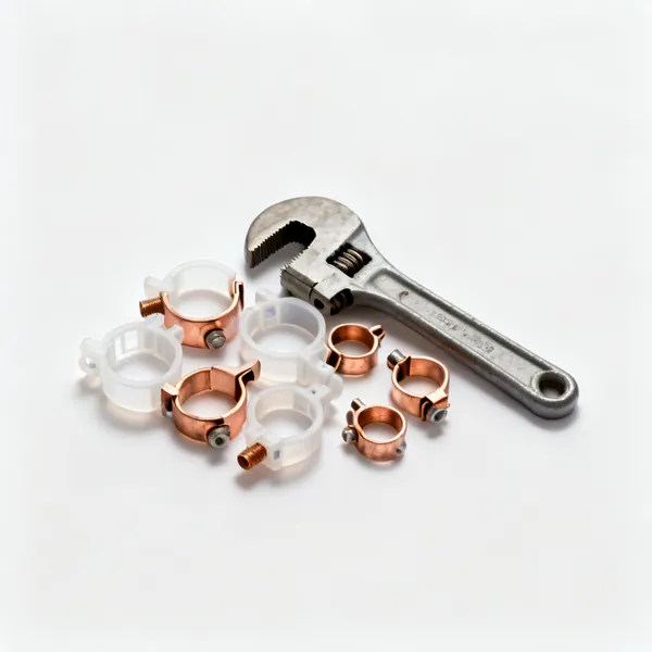 A handful of plastic and copper pipe clips of different sizes