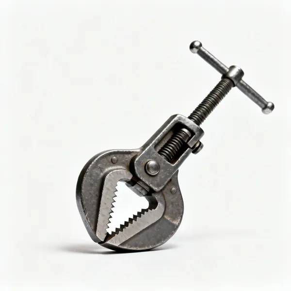 A yoke type pipe vice with a hinged top jaw and a serrated V shaped bottom jaw