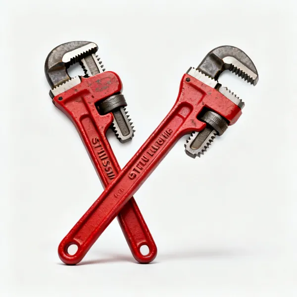Two Stillson pipe wrenches with serrated jaws and long red handles