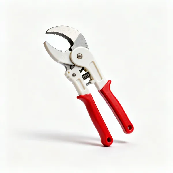 A pair of ratcheting plastic pipe shears with a curved blade and red handles