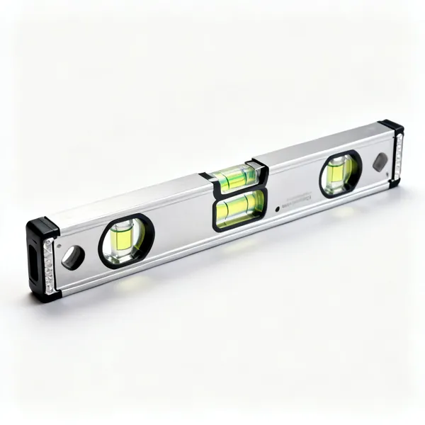 An aluminium spirit level with three glass vials and machined edges