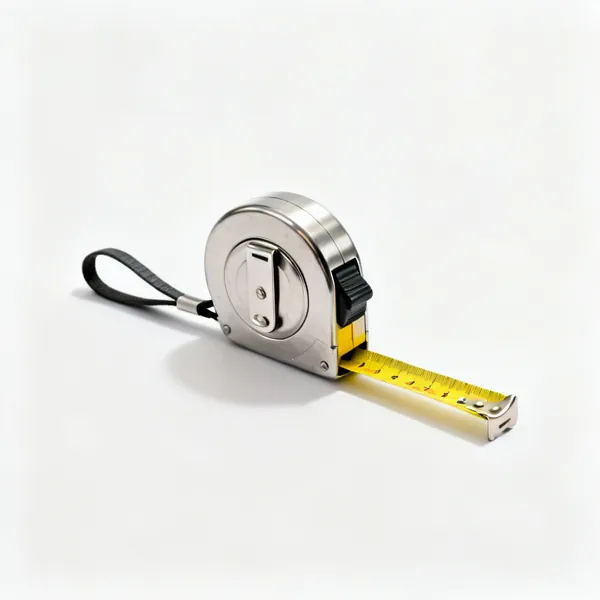 A retractable steel tape measure with a yellow blade and a belt clip