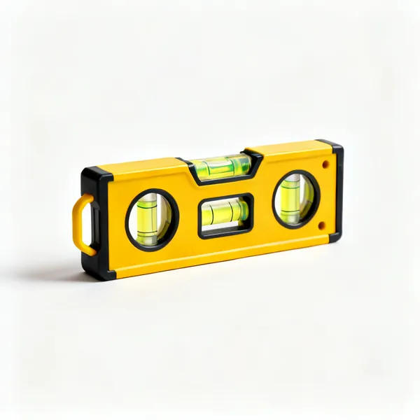 Torpedo level: A short magnetic torpedo spirit level with three vials and a yellow body