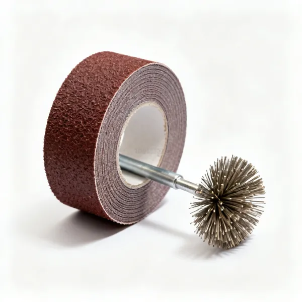 Abrasive strip and brushes: A roll of abrasive strip beside a set of round wire fitting brushes