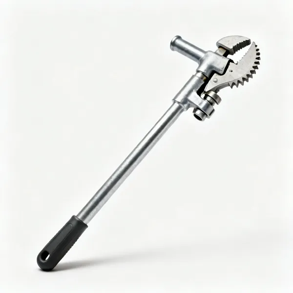 A basin wrench with a long steel shaft, T handle and swivelling toothed jaw