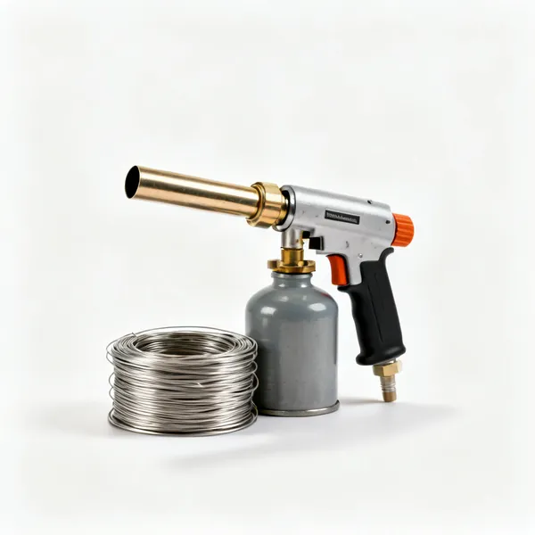 Blowtorch and solder: A plumbers blowtorch with a gas canister beside a coil of solder wire