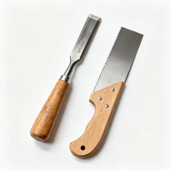 Chisel and pad saw: A wood chisel and a pad saw laid side by side