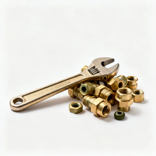 Compression fittings: A handful of brass compression plumbing fittings with nuts and olives
