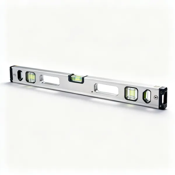 Long spirit level: A long aluminium spirit level with several glass vials and machined edges
