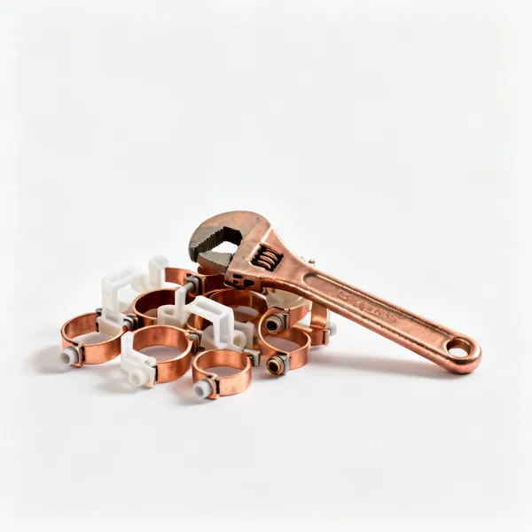 A handful of copper and plastic pipe clips of different sizes