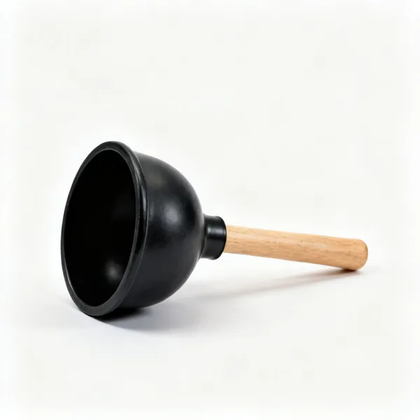 A black rubber cup sink plunger with a short wooden handle