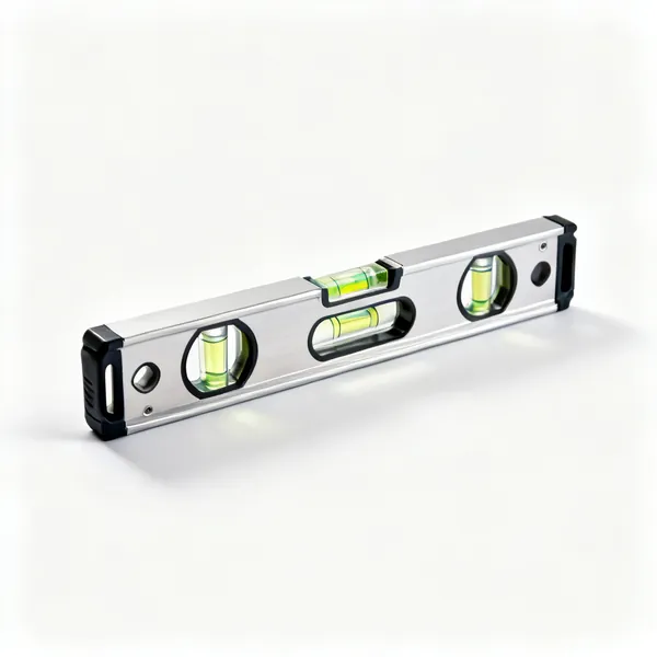 An aluminium spirit level with three glass vials and machined edges