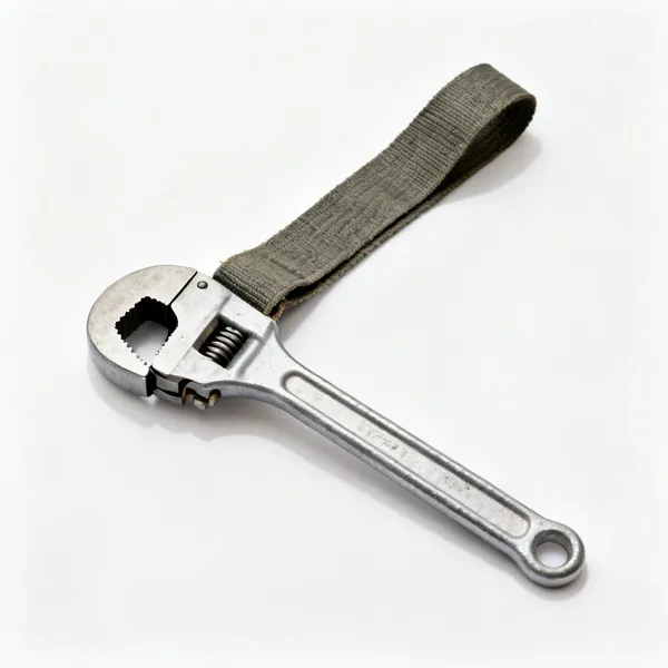 A strap wrench with a metal handle and a heavy fabric strap