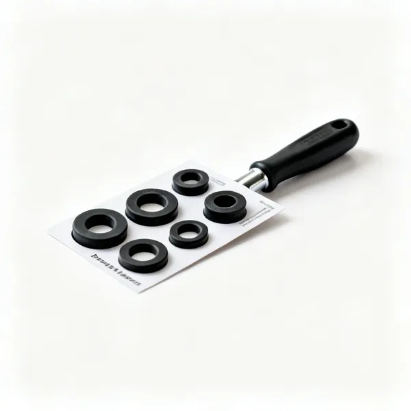 Tap washer set: An assortment of black rubber tap washers of different sizes on a card