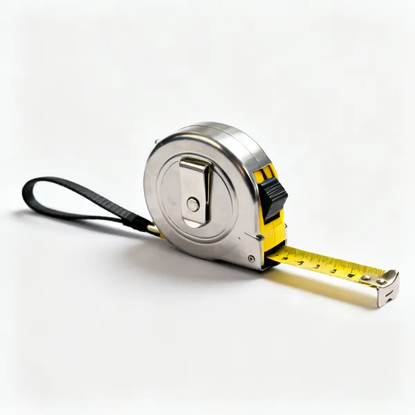 A retractable steel tape measure with a yellow blade, belt clip and locking button