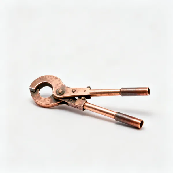 A lever type copper pipe bender with two handles and a curved former