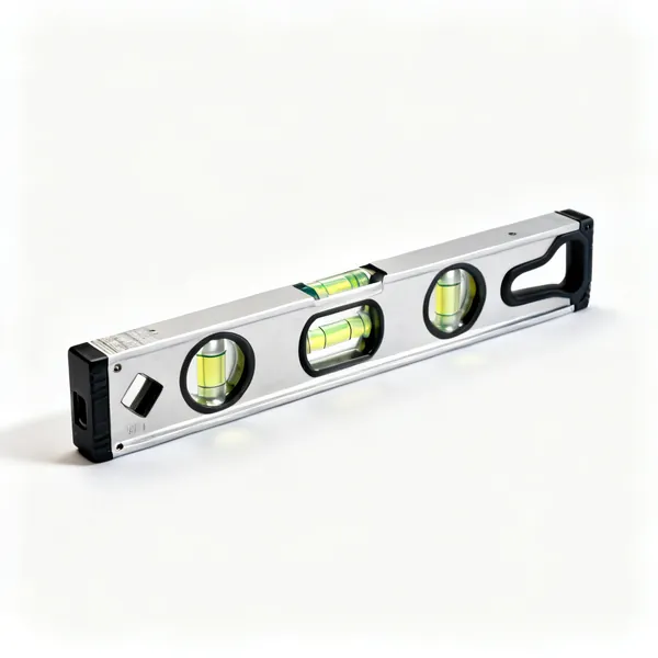 An aluminium spirit level with three glass vials and machined edges